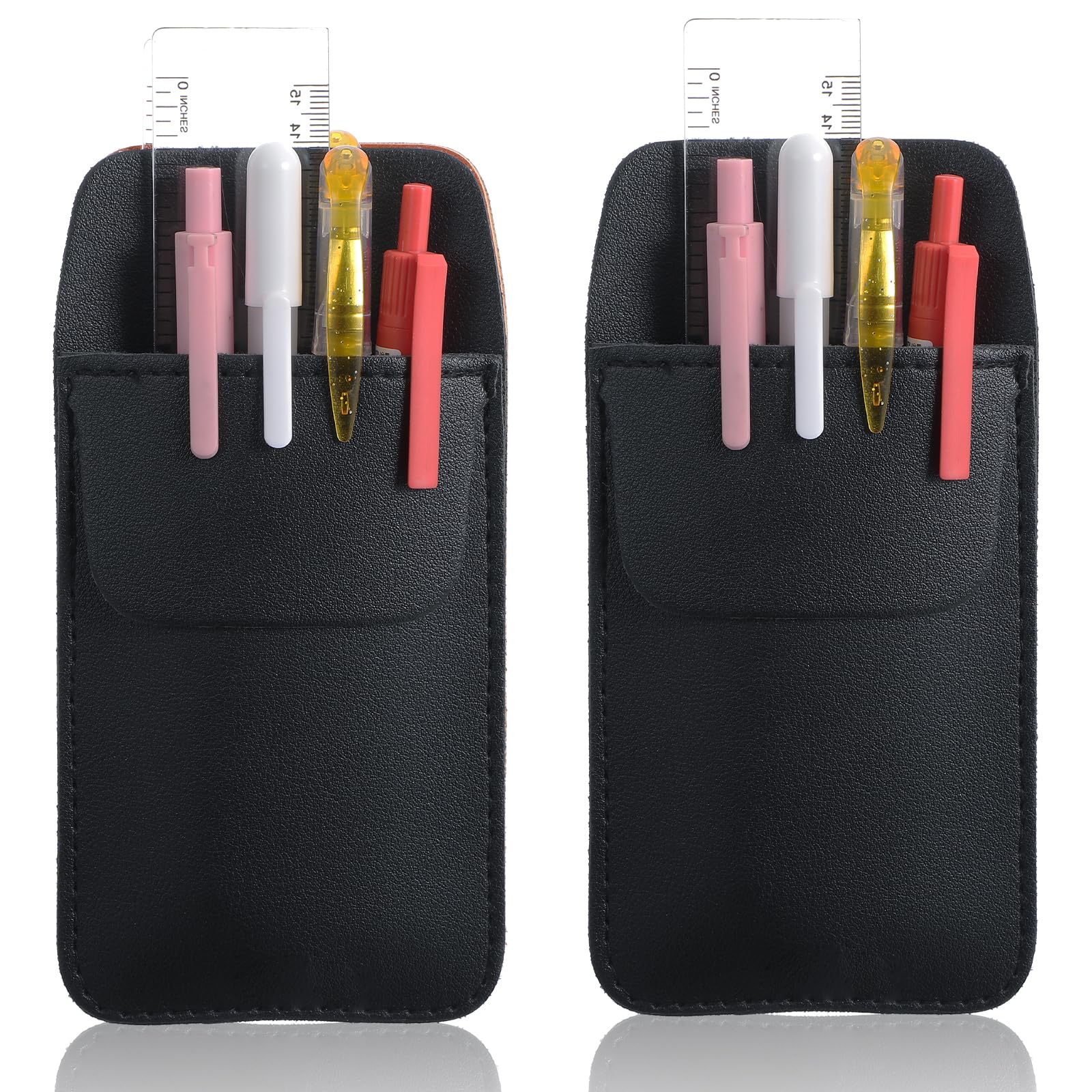 JIEYAO 2 Pcs PU Leather Pocket Protector, Pen Organizer for Men Shirt Leather Pen Protect Holder Can Hold 4 Pens Pencil Pouch for Lab Coats(Black)
