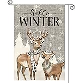 AVOIN colorlife Hello Winter Reindeer Snowflake Garden Flag 12x18 Inch Double Sided, Winter Rustic Seasonal Yard Outdoor Decorative Flag