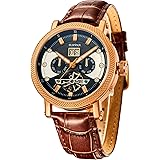 SURVAN Swiss Automatic Watch for Men Sapphire Crystal Mechanical Skeleton Wrist Watch 18k Yellow Gold Ion-Plated Leather Stra