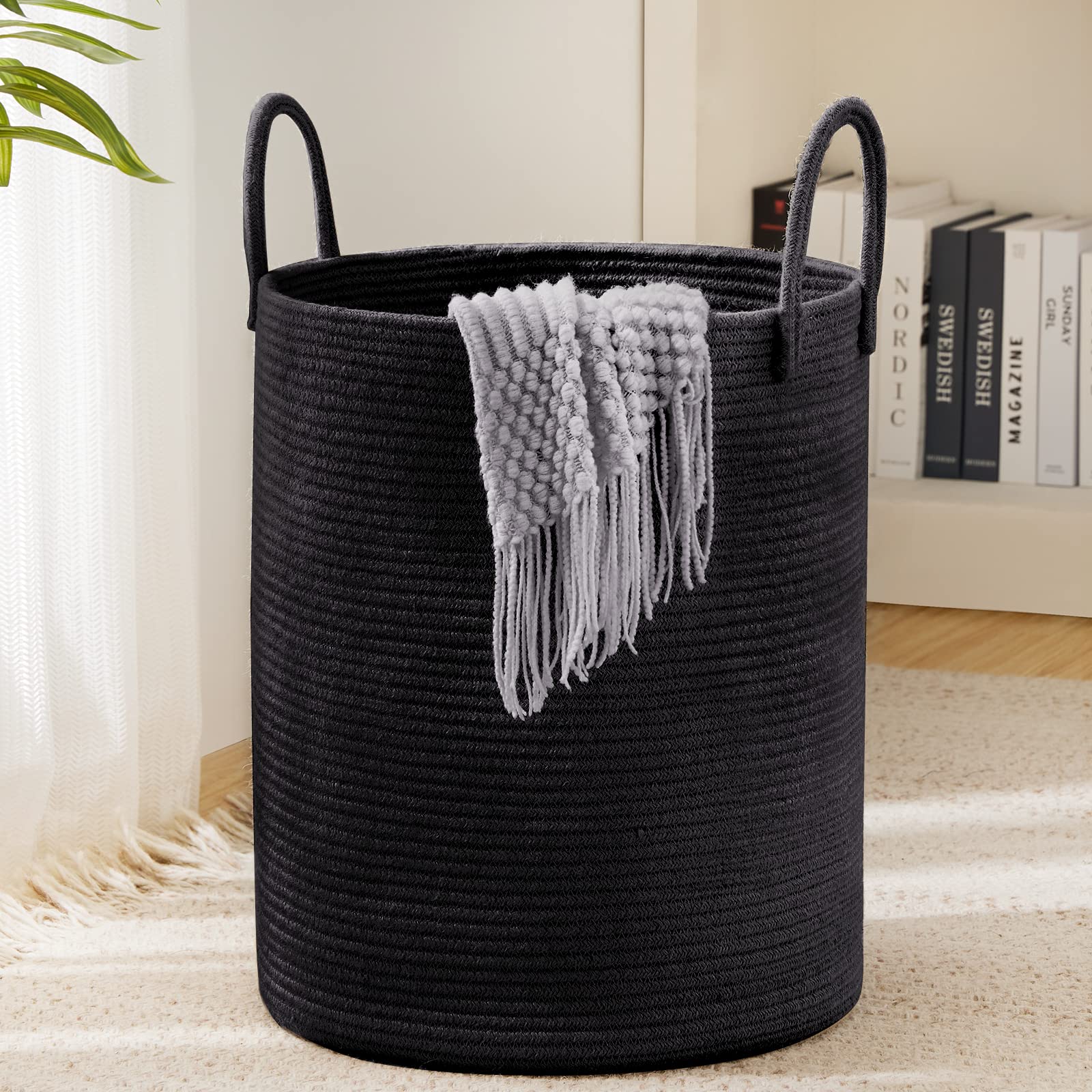 YOUDENOVA Laundry Basket Cotton Rope Large Blanket Basket Woven Storage Basket Toy Storage Organiser Nursery Decor Laundry Hamper with Handle 58L (Black, 38cm(D) x50cm(H))