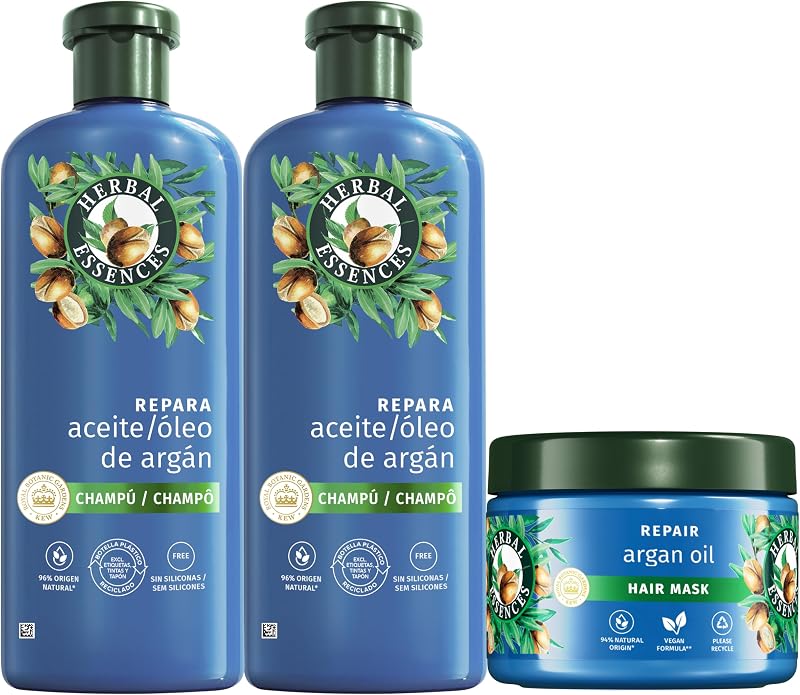 Shampoo Reparador de Óleo de Argan Herbal Essences 2x350 ml Cabelos Danificados, Hidratação Intensa + Máscara Reparadora de Óleo de Argan 500ml