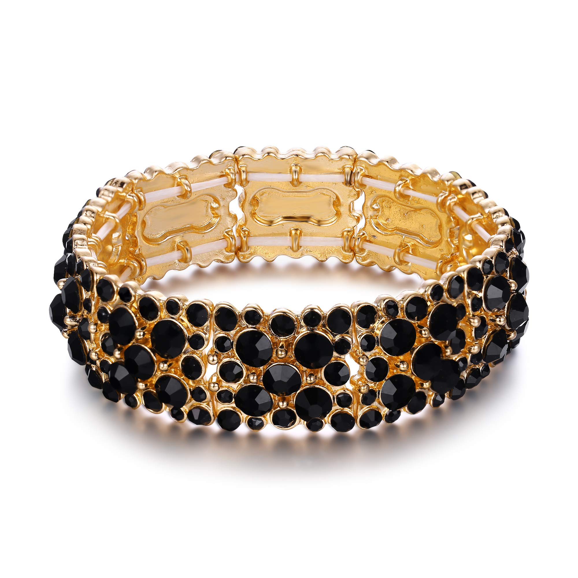 Ever Faith Black Crystal Bracelet for Women, Sparkly Rhinestone Statement Adjustable Elastic Stretch Bracelets Wedding Jewellery for Brides Bridal Gold-Tone