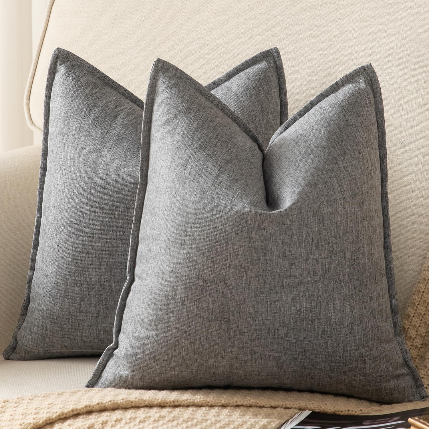 YAERTUN Pack of 2 Decorative Linen Soild Cushion Covers Farmhouse Neutral Throw Pillow Cases for Chair Couch Sofa Bedroom Living Room Home Decor 16 x 16 Inch 40x40 cm Gray