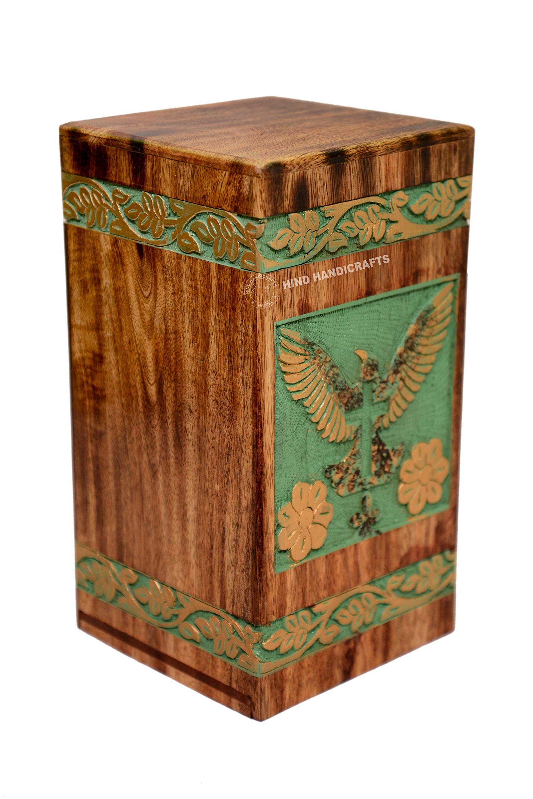 Hind Handicrafts Urns for Human Ashes Adult, Rosewood Cremation Urns for Ashes, Burial Urns for Columbarium, Wooden Box Funeral Urns for Human Ashes Large - 250 Cu/in (Golden on Green)