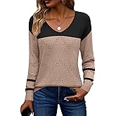 Zeagoo Womens Sweaters Fall Trendy Casual Long Sleeve Shirt Lightweight V Neck Off Shoulder Crochet Pullover Top Outfit