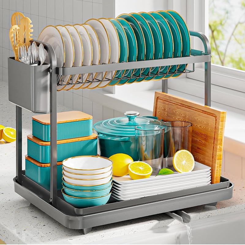 Kitsure Dish Drainer Rack 2-Tier Stainless Steel Grey Space-Saving