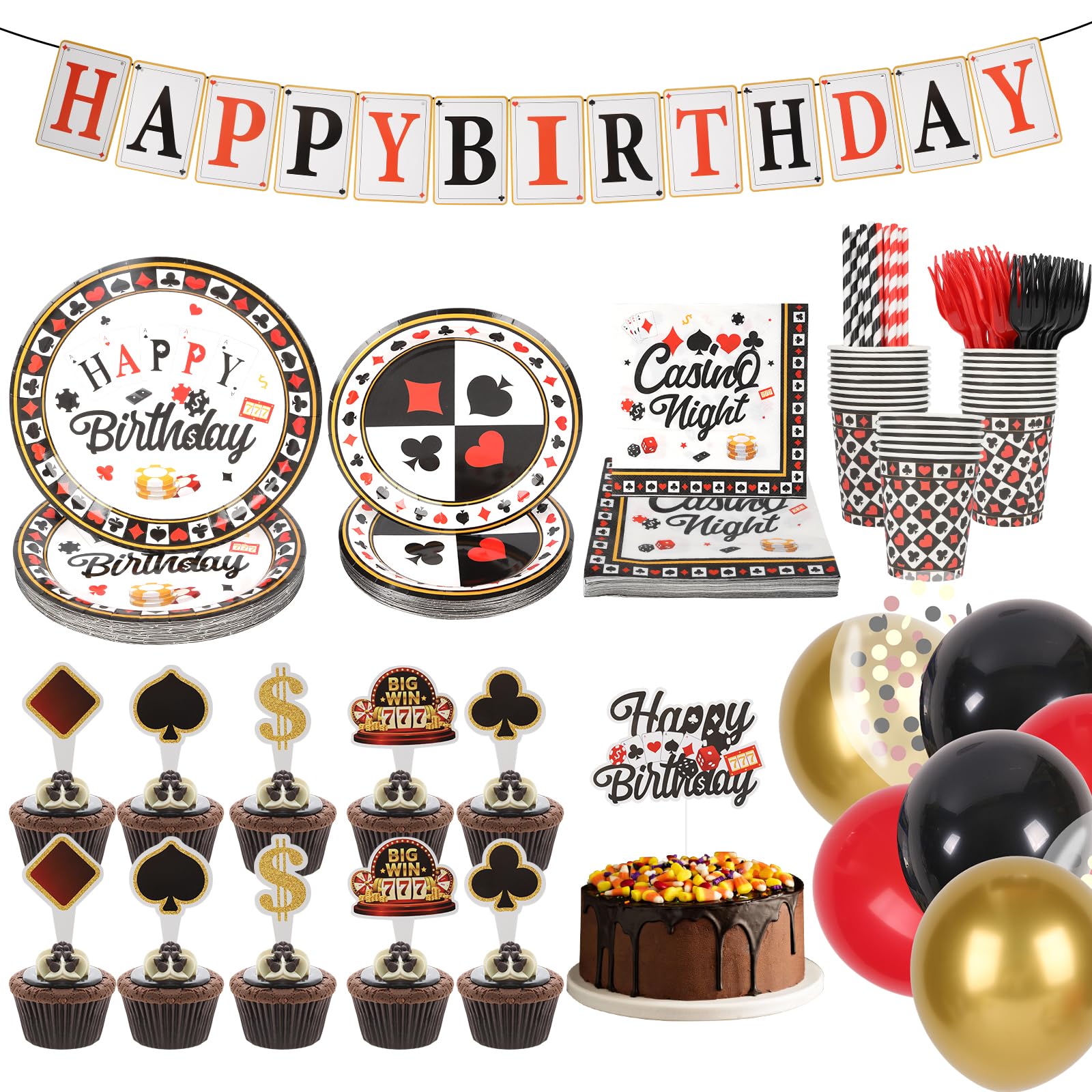 Photo 1 of 174pcs Casino Theme Party Decorations,Casino Poker Games Night Birthday Party Decorations Include Plates,Napkins,Cake Topper,Birthday Banner,Serves 24 for Poker Club Party