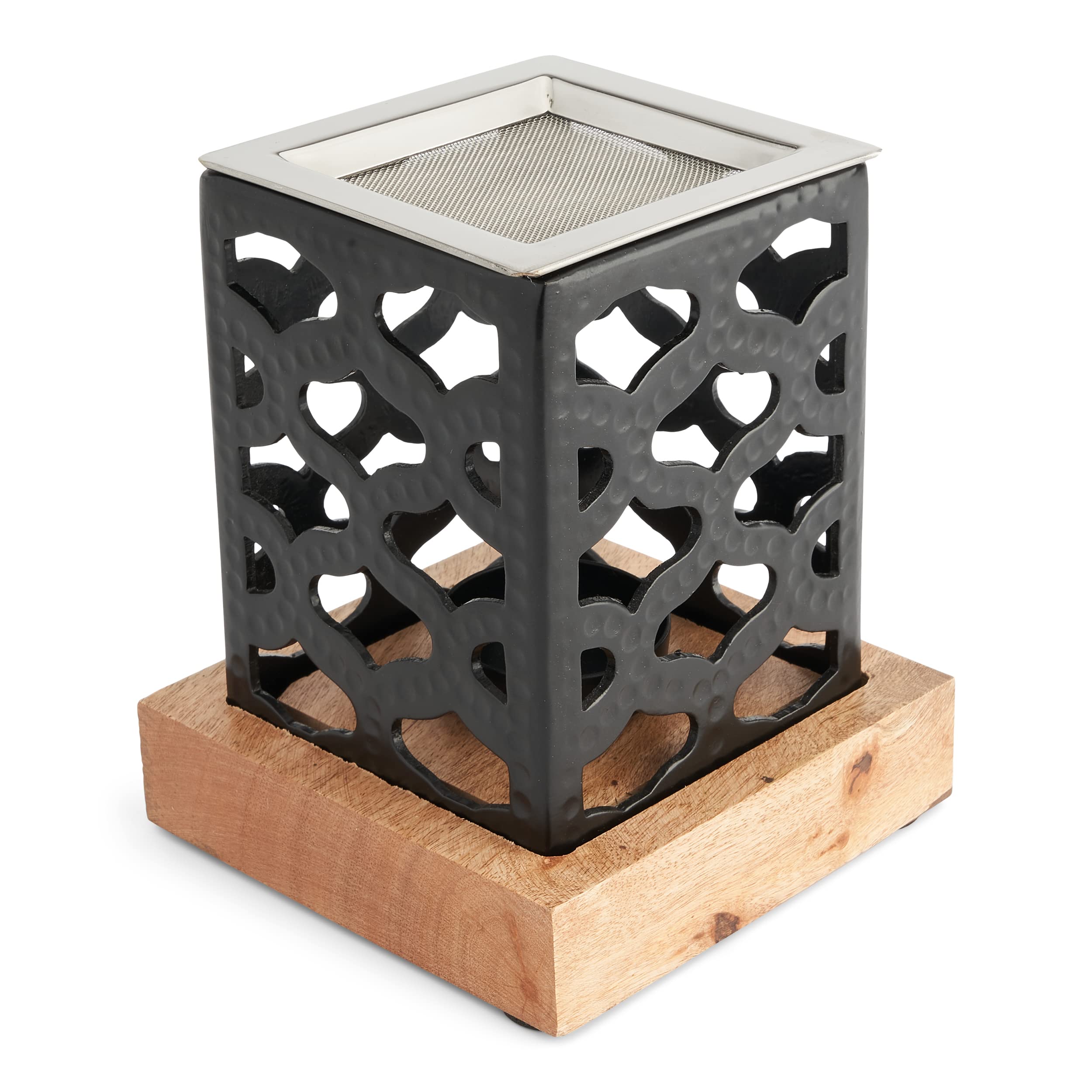NKlaus Incense Burner Black Aluminium & Mango Wood Screen Incense Burner hand-hammered 39166