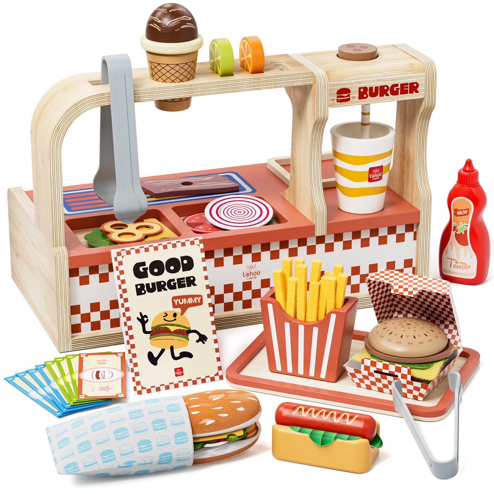 Lehoo Castle Wooden Play Food Burger Set, Toy Food for 3 Year Old Girl Gifts, Wooden Food Toys, Toy Shop, Play Food Sets for Children Kitchen, Role Play Shops Toys for 3 Year Old