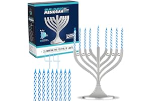 ZION JUDAICA LTD Zion Judaica Mini Classic Menorah with Mini Birthday Size Hanukkah Candles - Satin Silver Small Travel Minorah with 44 Blue and White Spiral Chanukah Candles - On The Go Hanukkiah Cute Hanukkah Gift