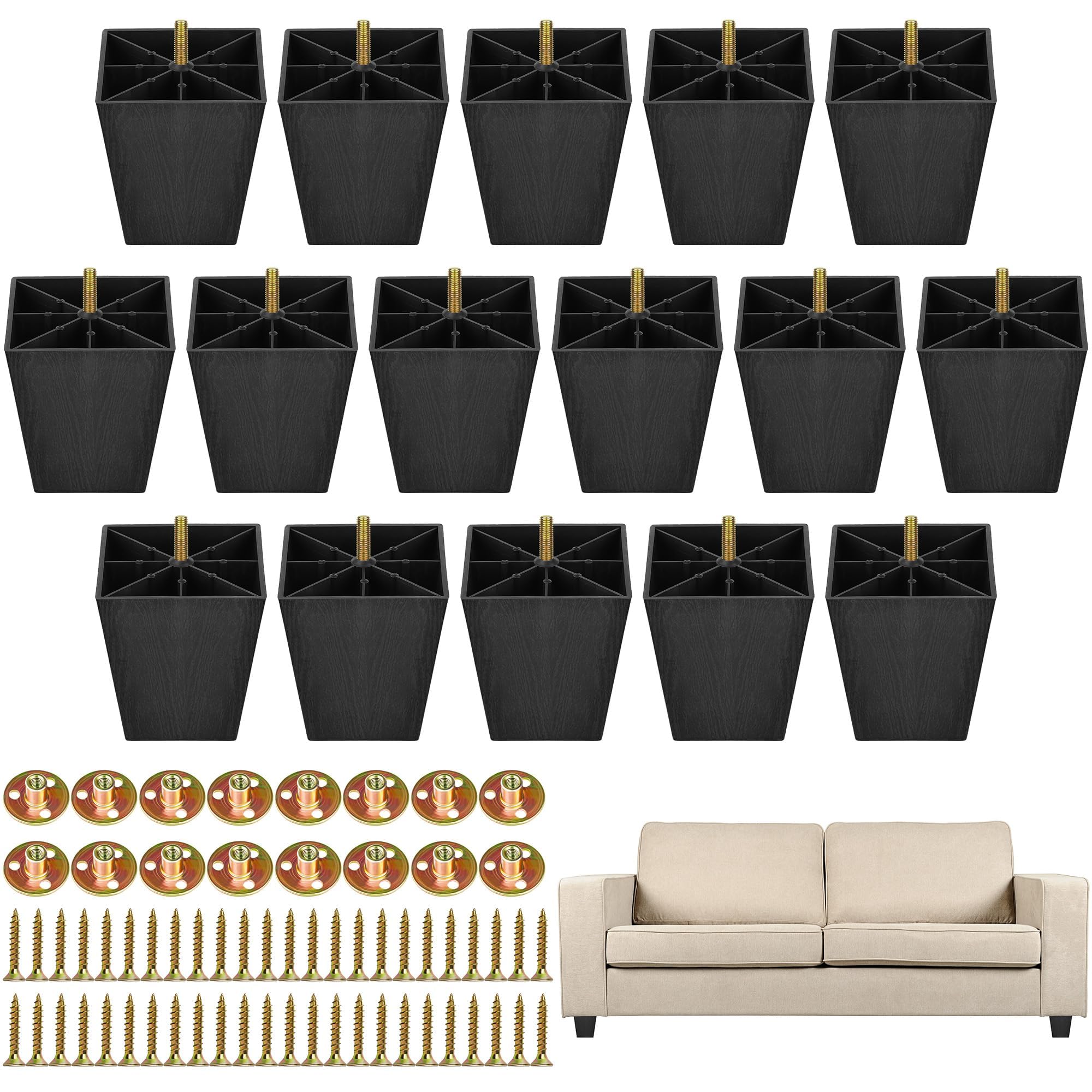 TURSTIN Paquete de 16 patas para muebles de 4 pulgadas, patas de plástico para sofá, patas cónicas cuadradas, patas para sofá con tuercas en T M8, tornillos para patas, sofás, sillas, armarios, aparadores, camas, color negro