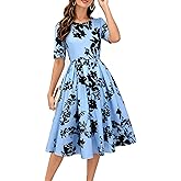 oxiuly Women's Vintage Patchwork Pockets Puffy Swing Casual Party Dress OX165