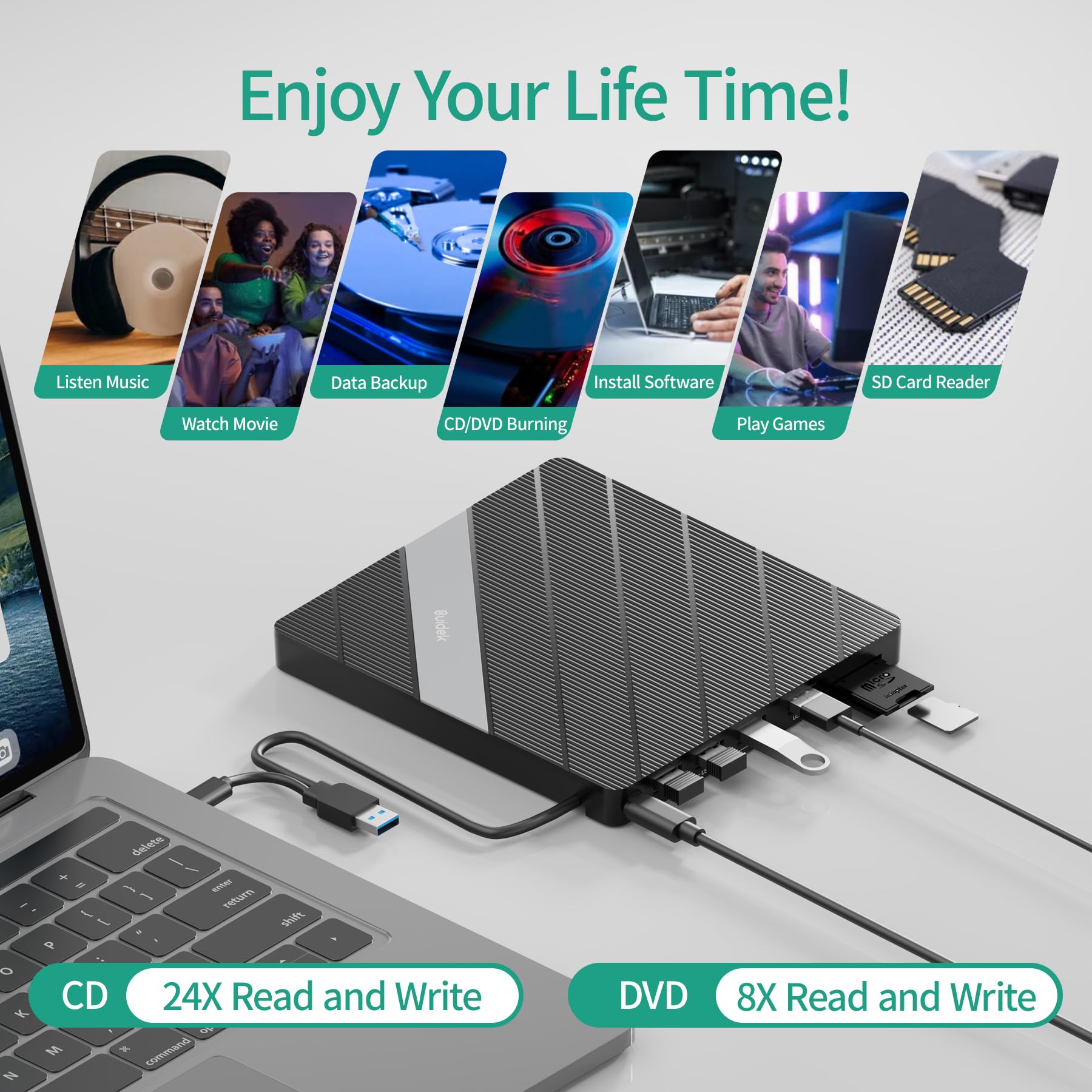 External CD DVD Drive USB C USB 3.0, Portable CD DVD +/-RW Burner DVD Player for Laptop 8 in 1 Hub with SD/Micro SD Card Reader Compatible with Laptop Mac PC Windows Linux