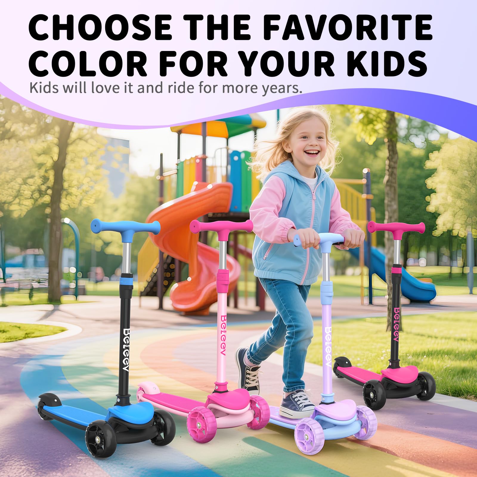 BELEEV A8 Scooter for Kids Ages 3-12, 3 Wheel Folding Scooter for Toddlers Girls Boys, LED Light-Up Wheels, 4 Adjustable Height, Lean to Steer, Extra Wide Wheels, Three Wheel Kick Scooter for Children