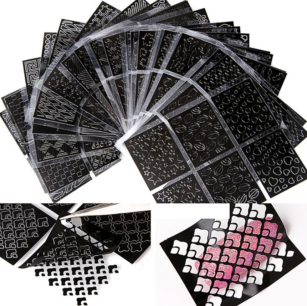 AIUIN Nail Vinyls Stencil Stickers Set 24 Sheets Black Hollow Stickers Nail Vinyls Nail Stencil Sheets Nail Art Decoration