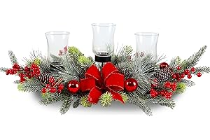 MOONET Red Christmas Table Centerpiece, Cedar with 3 Candlestick Glass Cup, Red Berry, Christmas Balls for Holiday Party, Home, Fireplace
