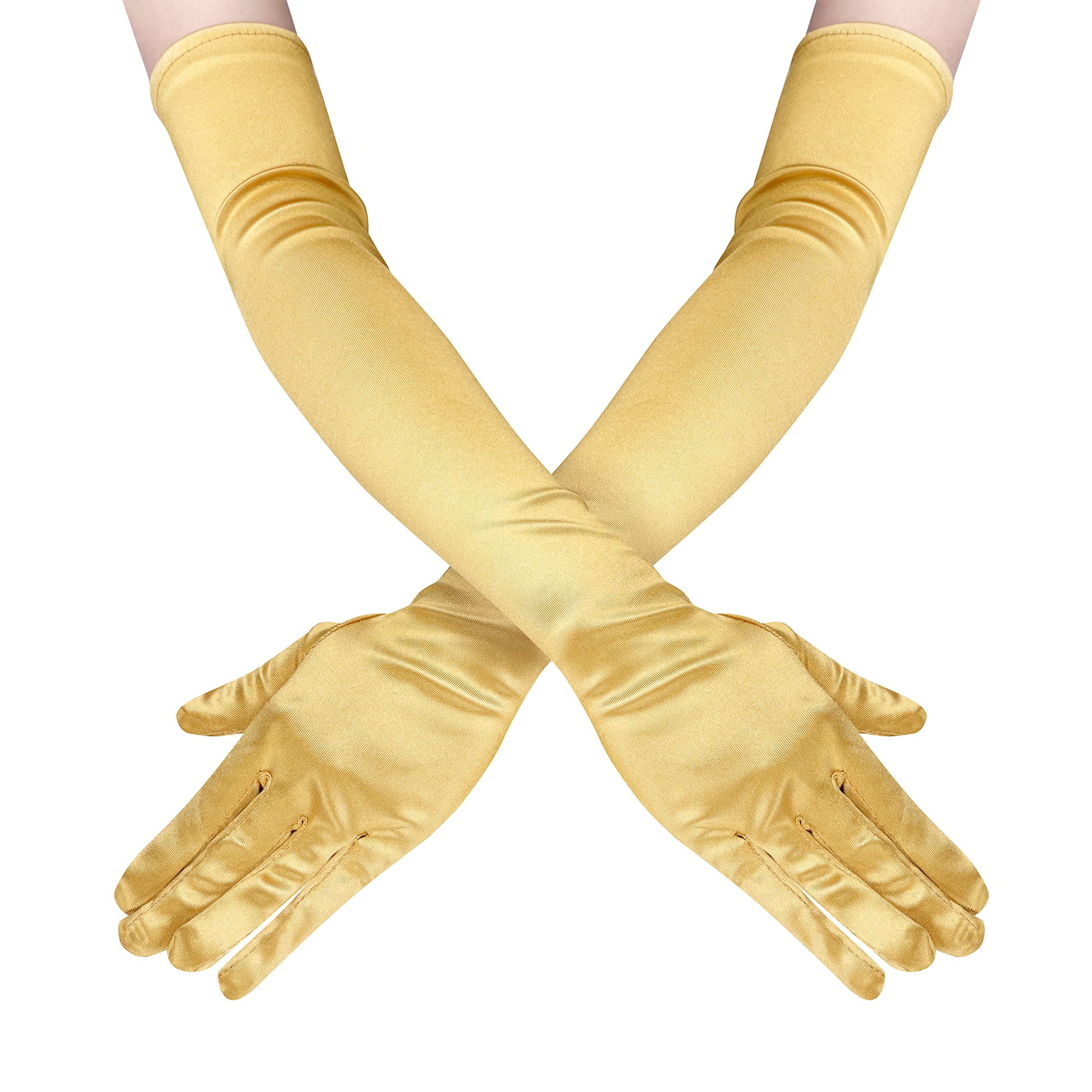 Photo 1 of 22'' Long Opera Satin Gloves Gold for Women, Elbow Length 20s Costume Flapper Bridal Dance Gloves For Evening Party, Gold