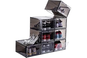 Attelite Clear Shoe Box,Set of 8,Stackable Plastic Shoe Storage Box with Clear Door Drop Front For Display Sneakers,Easy Assembly,Fit up to US Size 14,Black