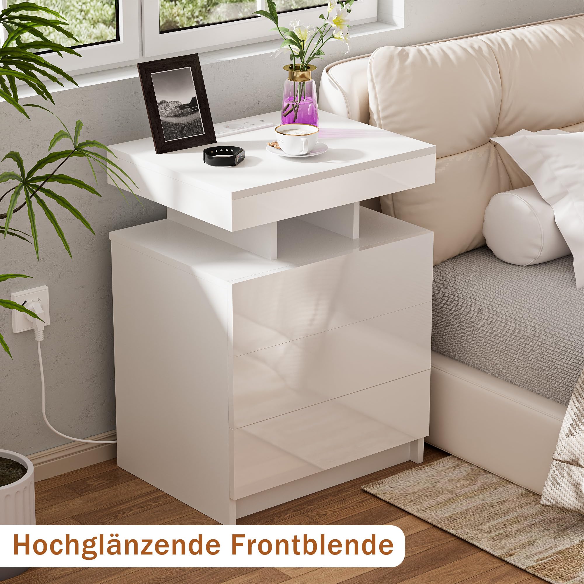Ztexkee Hochglanz Nachttisch mit Steckdose und LED Lichtleiste Nachtschrank Beistelltisch Groß Nachttisch mit 3 Schubladen für Schlafzimmer, Wohnzimmer Weiß 6
