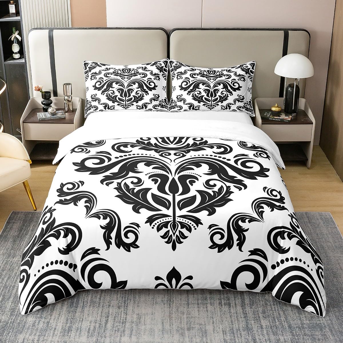 Homewish 100% Cotton Baroque Damask Duvet Cover King Black White Gothic Boho Floral Bedding Set for Boys Girls Abstract Adults Geometric Flowers Comforter Cover,European Victorian Style Quilt Cover