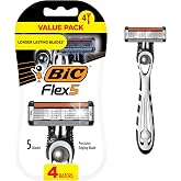BIC Flex 5 Disposable Razor for Men, Sensitive Skin, 4 Count | Five Ultra-thin Blades for a Close, Comfortable Result, Up to 13 Shaves Per Razor, Aloe and Vitamin E Strip for Smooth Glide