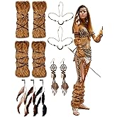 Panitay Viking Costume Set for Women Faux Fur Leg Warmers and Wrist Cuffs with Strap 2 Pcs Boho Vintage Moon Head Chain Long Tassel Feather Drop Earrings and 3 Pcs Feather Hair Clips Halloween Party
