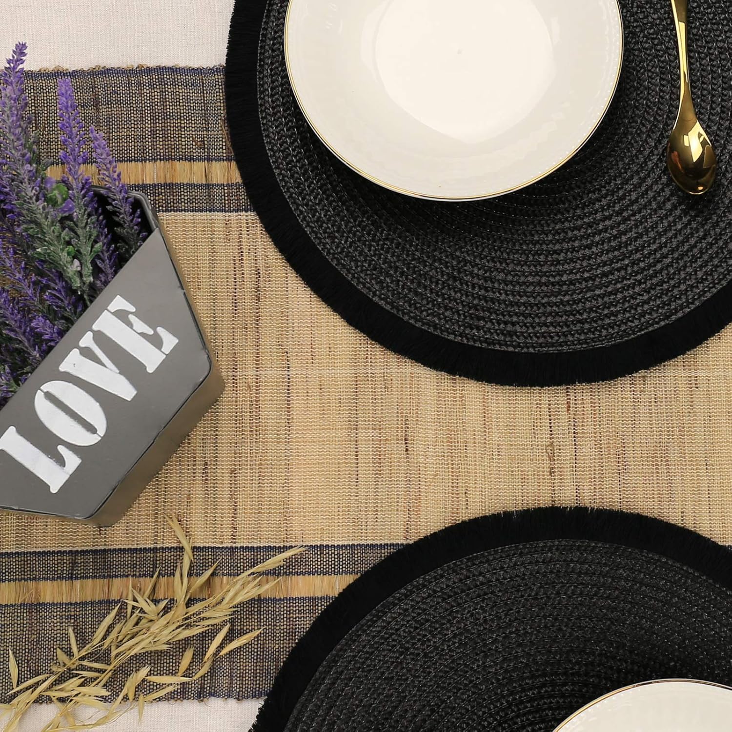 AHHFSMEI Round Braided Placemats 13.8 Inch Round Table Mats for Dining Tables Woven Heat Resistant Place mats Set of 6 (Black Tassels): Home & Kitchen