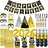 New Years Eve Party Supplies 2026 for 12, New Years Eve Party Decorations, 6 Hat, 6 Glasses, 12 blowouts, 6 Table Centerpiece, 2 Foil Fringe Curtains, 18 Balloons, Great NYE Decorations Pack