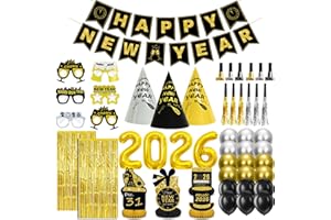 KINNJAS New Years Eve Party Supplies 2026 for 12, New Years Eve Party Decorations, 6 Hat, 6 Glasses, 12 blowouts, 6 Table Centerpiece, 2 Foil Fringe Curtains, 18 Balloons, Great NYE Decorations Pack