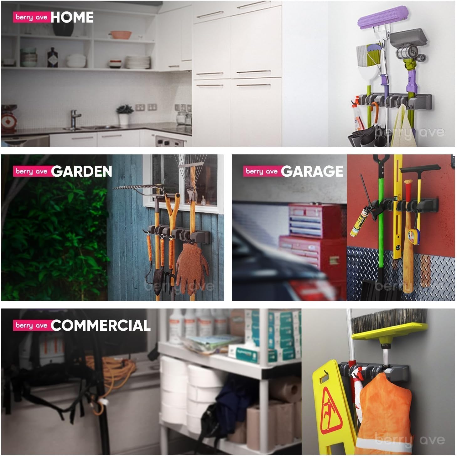 Berry Ave Broom Holder and Garden Tool Organizer Rake or Mop Handles Up to 1.25-Inches, 1 Pack, Black: Home & Kitchen