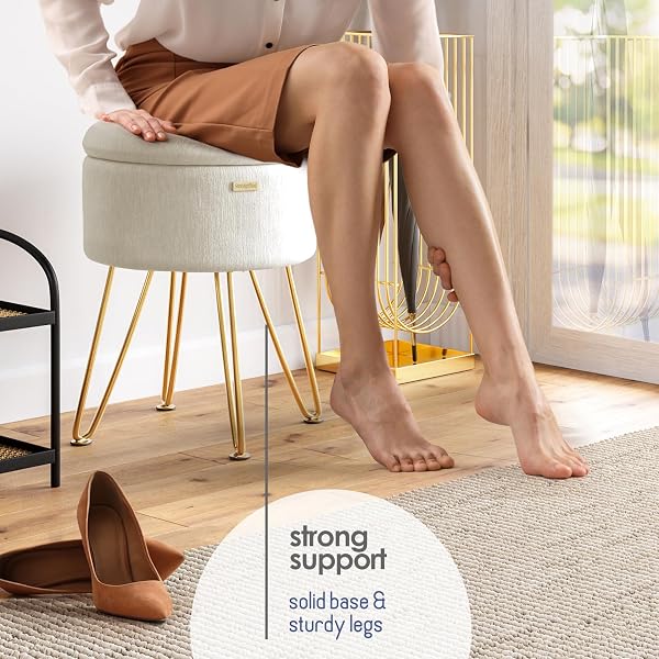 STORAGEBUD ROUND OTTOMAN WITH STORAGE, TEXTURED VELVET STORAGE OTTOMAN, FOOT STOOL OTTOMANS, MAKEUP VANITY STOOL, SMALL OTTOMANS FOOT REST, MODERN VANITY STOOLS FOR LIVING ROOM AND BEDROOM, CREAM