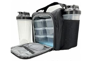 NUTRI PLUS FIT NUTRIFIT Meal Prep Bag for the Active Live Style with 6 food Containers, Shakers, and Vitamin Carrier Black