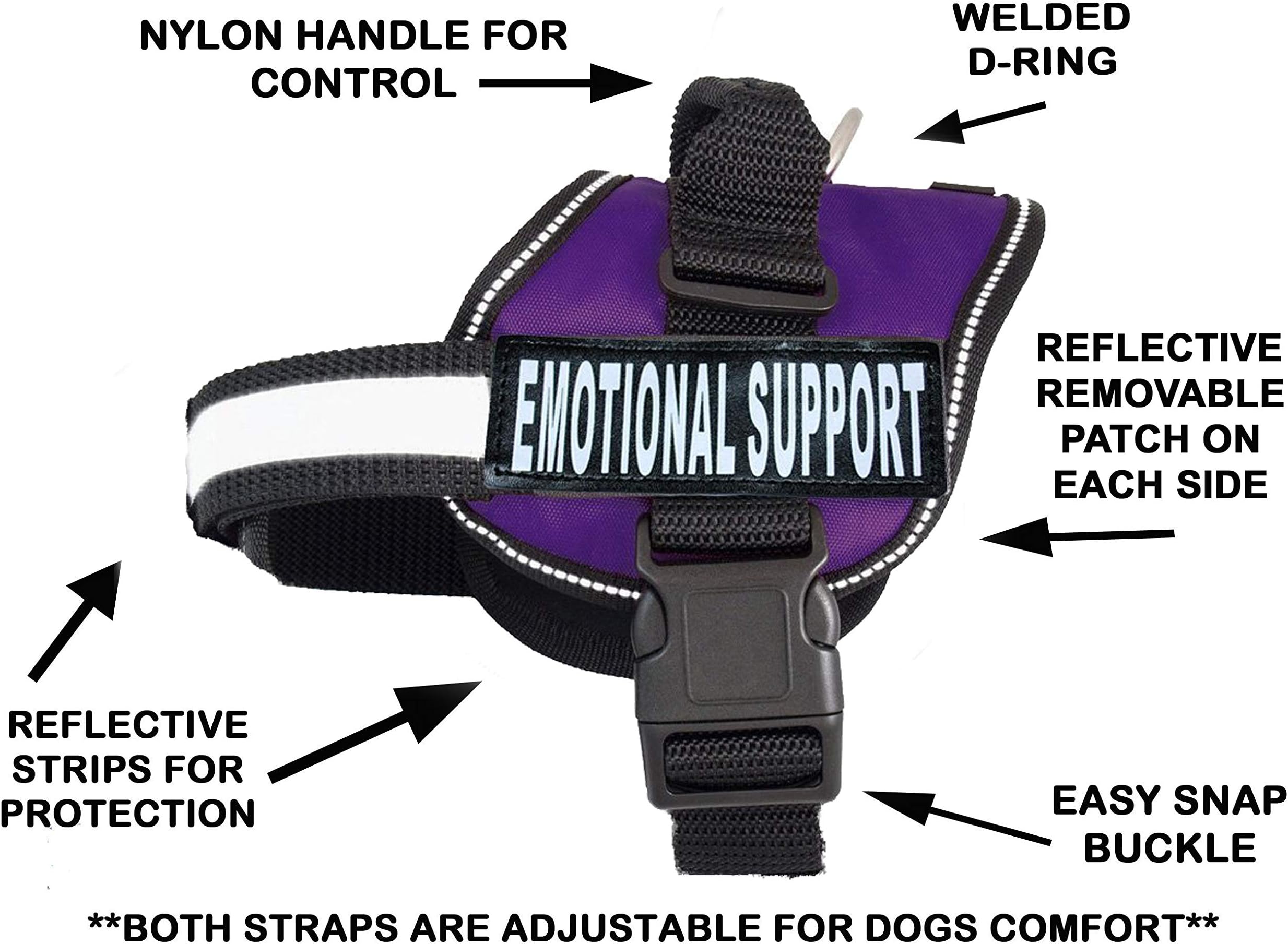 Doggie Stylz Emotional Support Vest 2 Hook and Loop Removable Reflective Patches, Straps and Handle – Harness Comes in Sizes XXS to XXL and 4 Colors