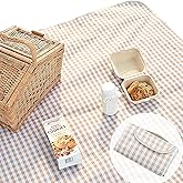ESLA Cute Gingham Picnic Blanket, Waterproof Foldable, in Large 80x60in and Extra Large 80x80in, Portable Compact Beach Blanket, Oversized XL Outdoor Mat, Tan Gingham