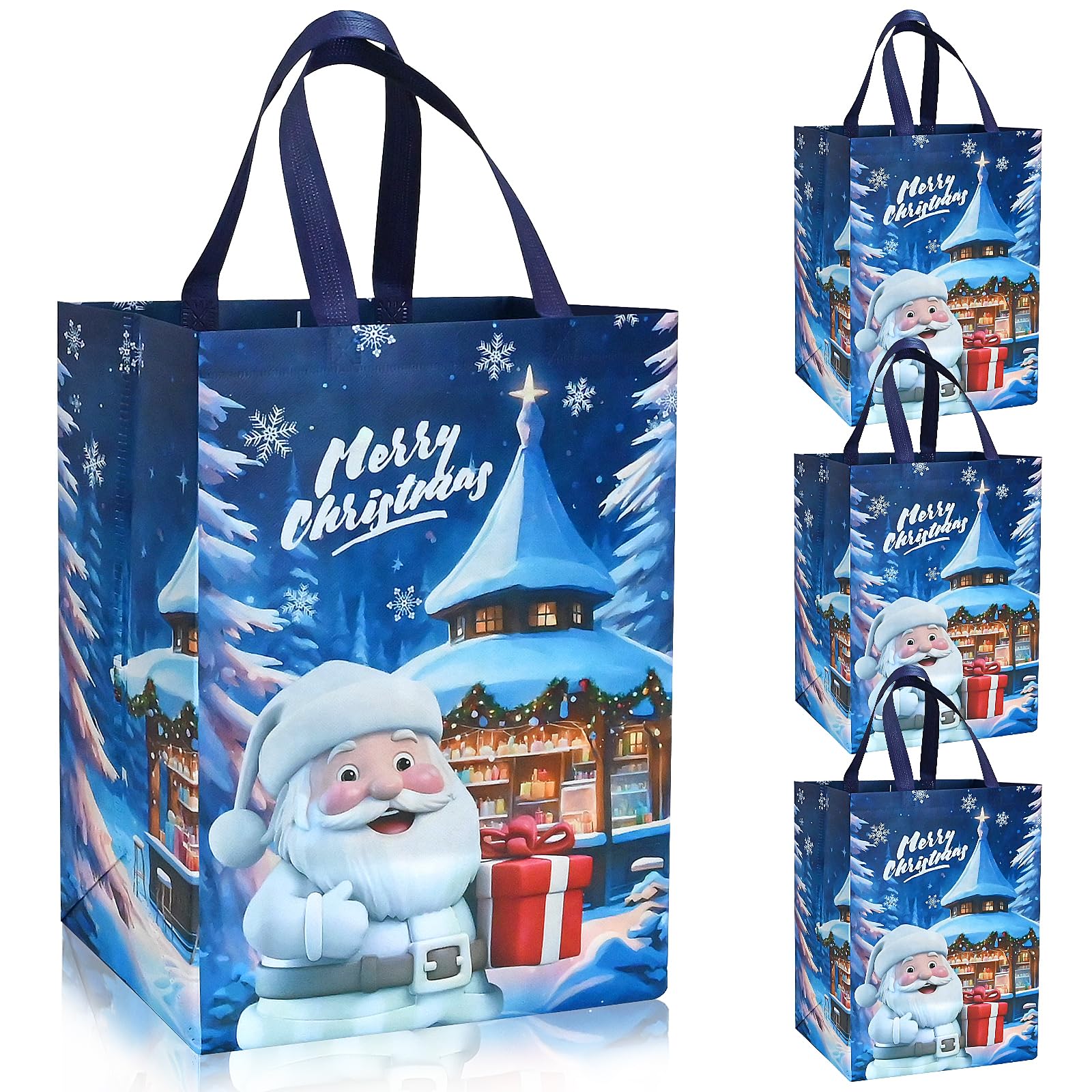 Christmas Tote Bags - 4 Pack Large Christmas Bags with Handle Non-woven Fabric Gift Present Bag,Cute Santa Claus Reusable Xmas Shopping Bag for Holiday Party