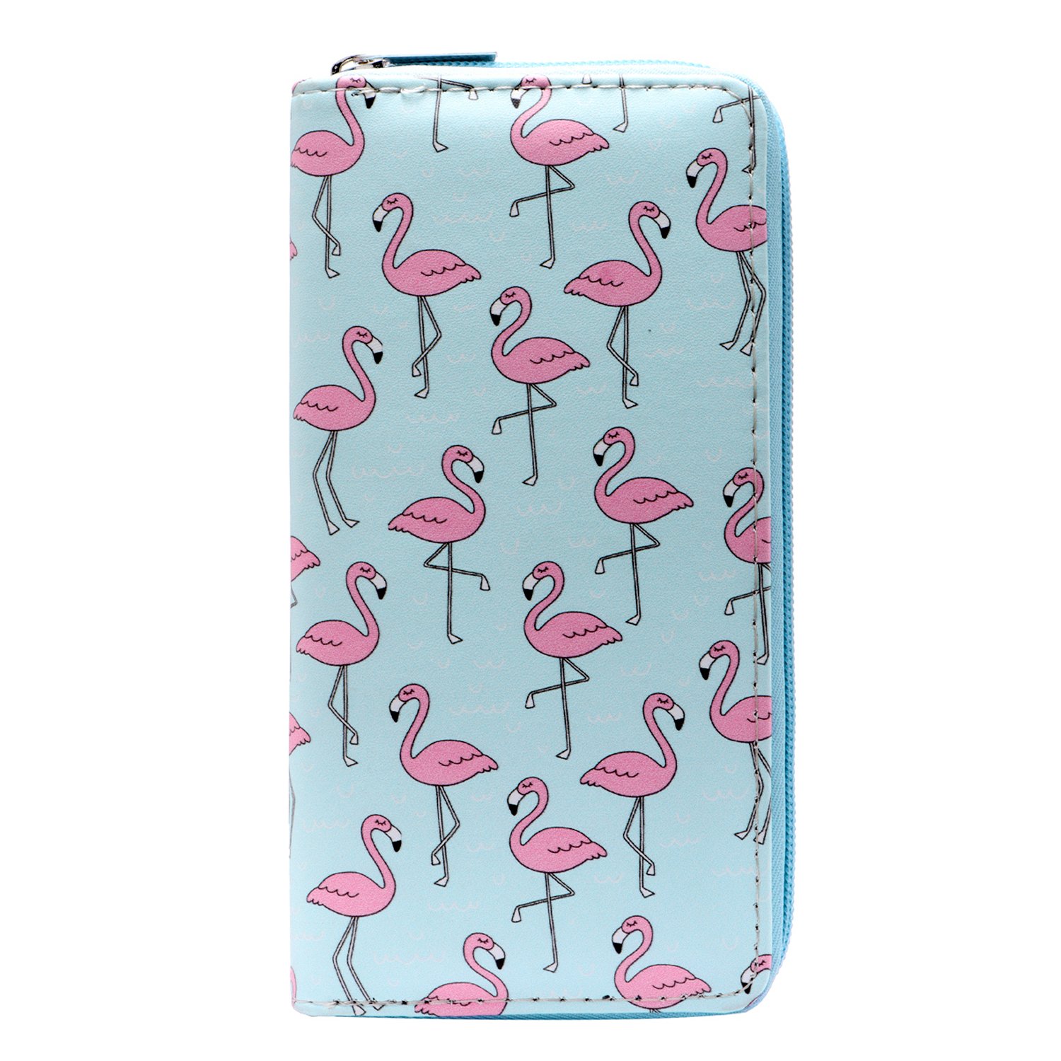 DonDon Ladies and Girls Purse Wallet with Zip Fastener Flamingos Blue