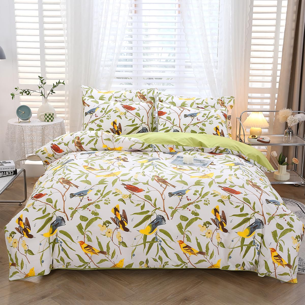 STYHO 3 Pcs Cotton Floral Duvet Cover Sets King Size Green Leaves Birds Printed Bedding Sets Ultra Soft Reversible Rustic Flowers Duvet Set for All Seasons(Birds, King)