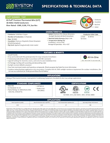 Syston 18/10 Thermostat Doorbell Cable – 100% Solid Copper Conductors, 300V CL3R/FT4/CMR Riser-Rated, UV Resistant, Indoor/Outdoor Low Voltage Wire