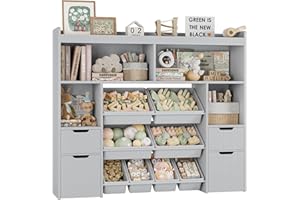 HORSTORS 55" W Toy Storage Organizer with Drawers, Large Kids Toy Storage Box with Removable Bins, Tall Kids Bookshelf and Bookcase for Boys and Girls, Modern Toy Chest for Playroom, Classroom, Grey