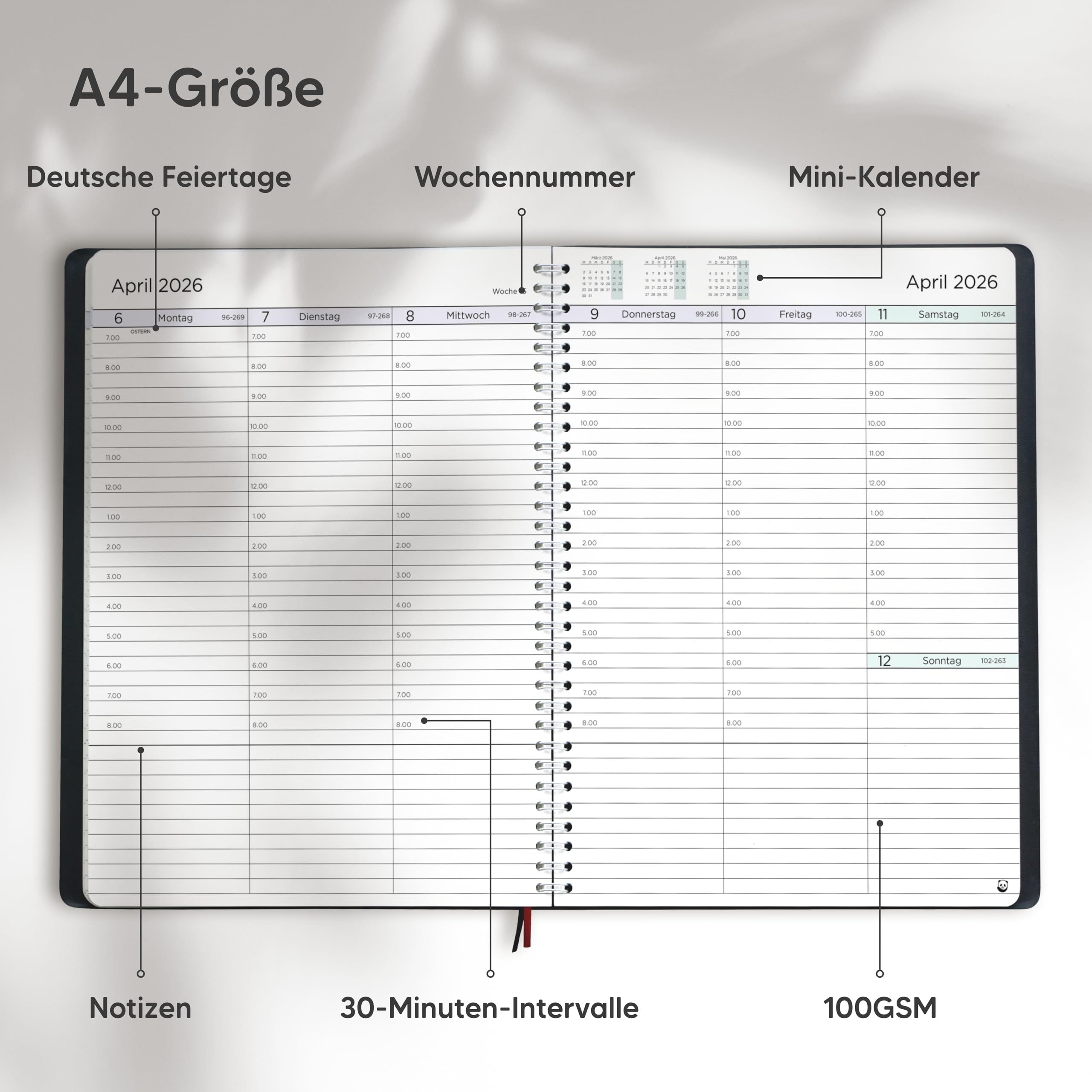 Terminplaner 2026 A4 von Smart Panda – Wochenplaner A4, Kalender 2026 – Softcover Tagebuch, 30 Minuten-Intervalle – Terminkalender, Planer 2026 – auf Deutsch 3