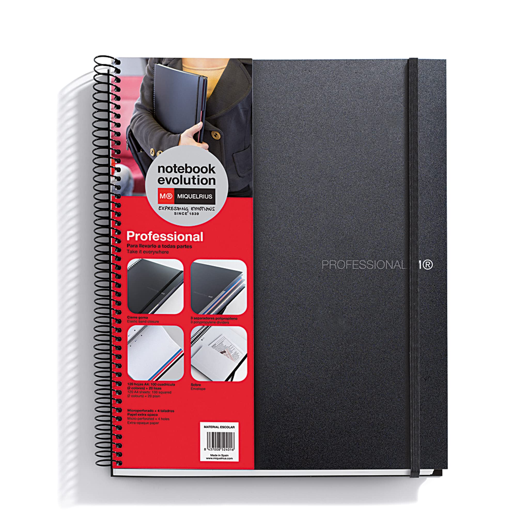 Miquelrius A4 Evolution Professional Notebook 120 Sheets - 100 Grid + 20 Plain Polypropylene Black