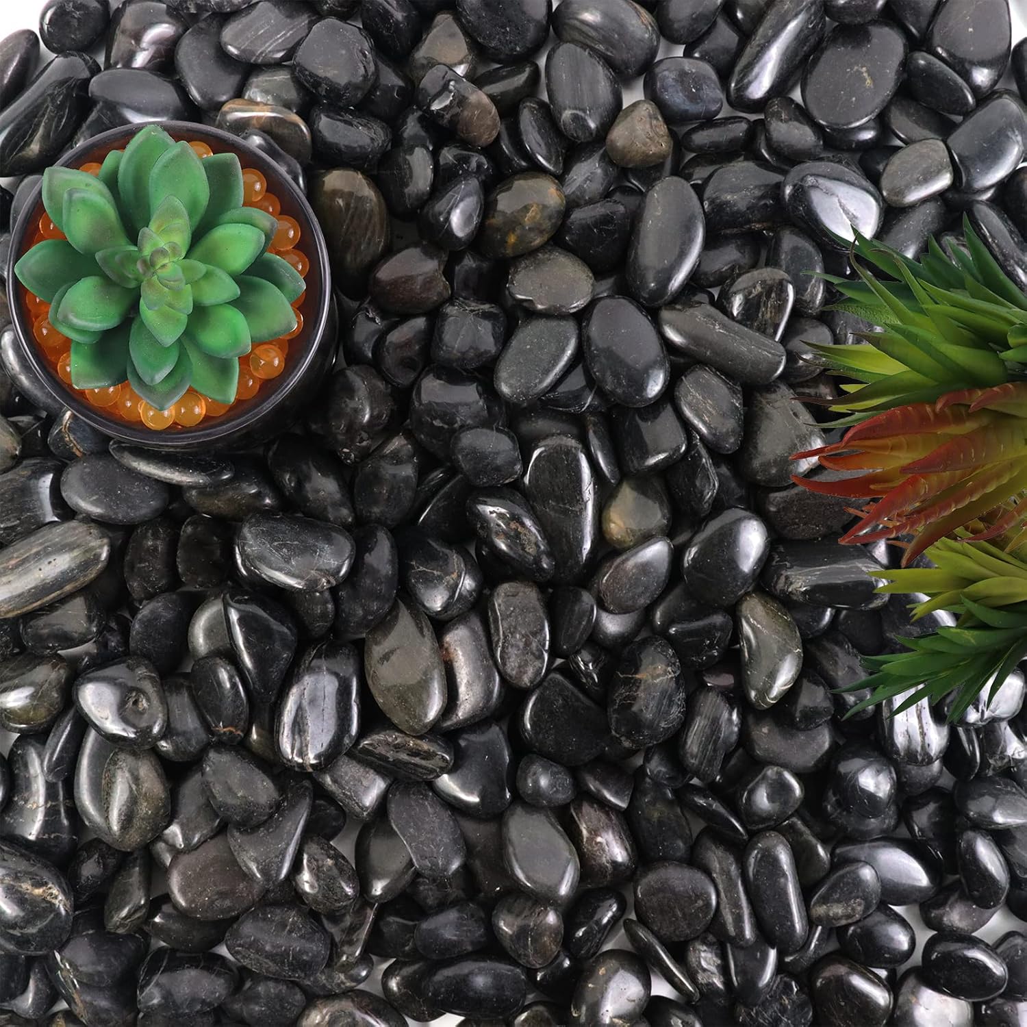 Hardscaping Materials - Lechloris 2LBS Polished Pebbles for Plants -Natural River Rocks- Decorative Stones for Vases, Succulents, Fish Tank, Outdoor Garden Landscaping, Medium Black