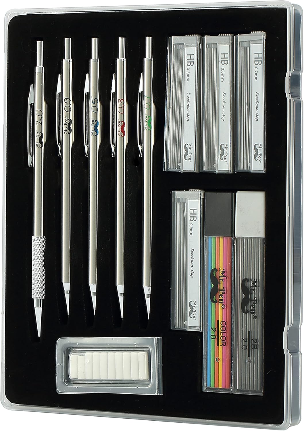Mr. Pen- Metal Mechanical Pencil Set with Lead and Eraser Refills, 5 Sizes, 0.3, 0.5, 0.7, 0.9, 2mm, Drafting, Sketching, Architecture, Drawing Mechanical Pencils, Metal Mechanical Pencils : Office Products