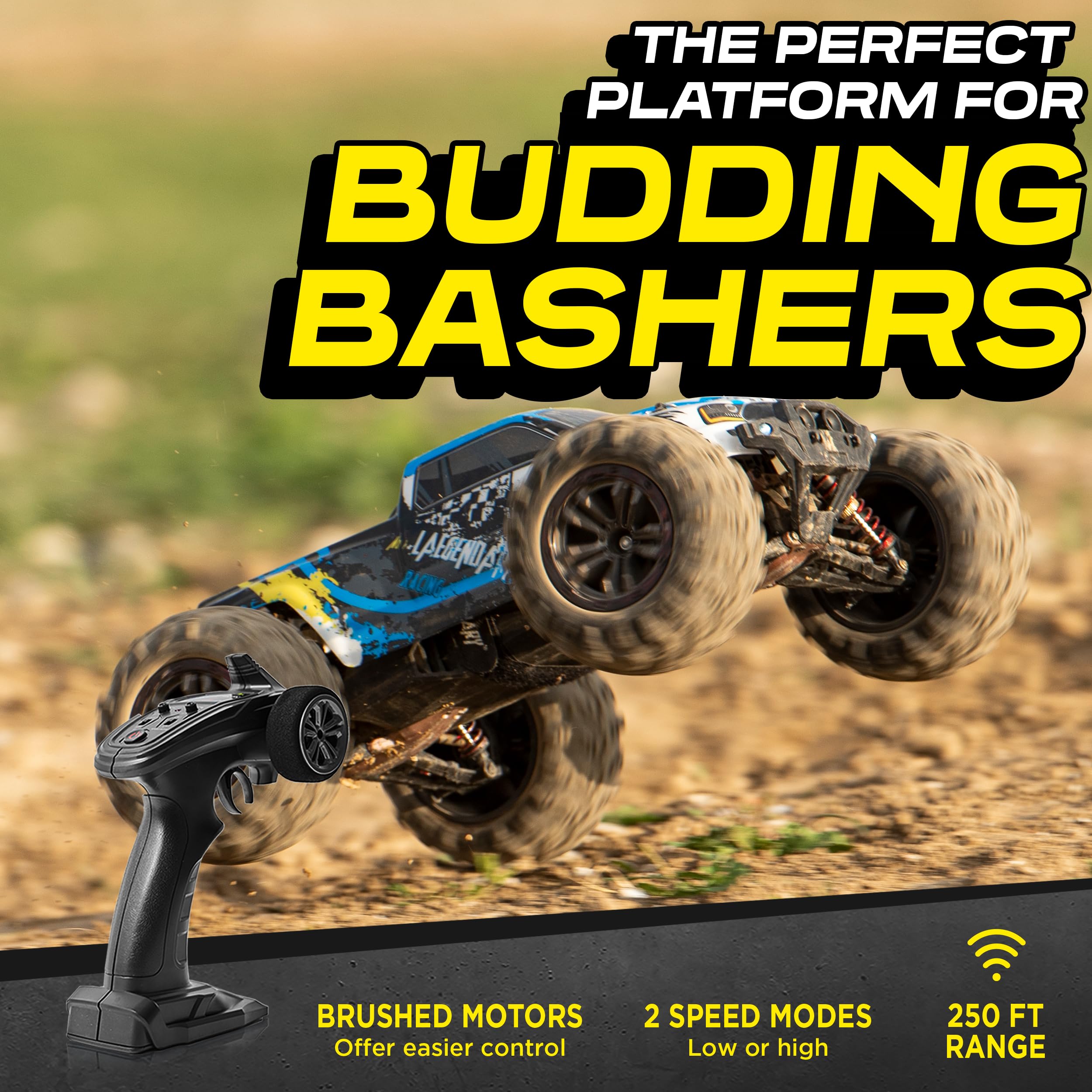 LAEGENDARY 1:10 Scale 4x4 Off-Road RC Truck - Hobby Grade Brushed Motor RC Car with 2 Batteries, Waterproof Fast Remote Control Car for Adults