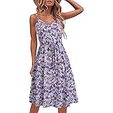 Women's Casual Summer Dress Beach Sleeveless Spaghetti Strap Adjustable Waist A Line Sun Dresses with Pockets 826