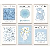 ZLYARTMP 6Pcs Retro Abstract Blue Wall Art Flower Market Canvas Prints Aesthetic Bauhaus Wall Decor Trendy Vintage Gallery Posters Pictures Preppy Exhibition Paintings for Room Bedroom Unframed