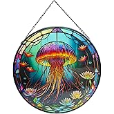 ZZHAOYI Colorful Jellyfish Stained Glass Window Hanging Ornament, 7.9'' Dreamy Sea-Life Inspired Design for Home Decor, Jellyfish Sun Catchers Gift for Son Daughter Girlfriend