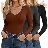 Baggyfly 3 Pack Women's Ribbed Long Sleeve V Neck Tops Thermal Undershirt Fall Winter Stretch Slim Fitted Basic Tee Shirts