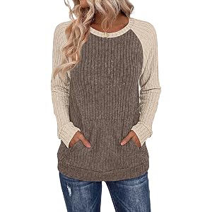 OFEEFAN Womens Fall Fashion 2026 Long Sleeve Tops Oversized Sweaters Winter Clothing with Pocket Color Block Tunics