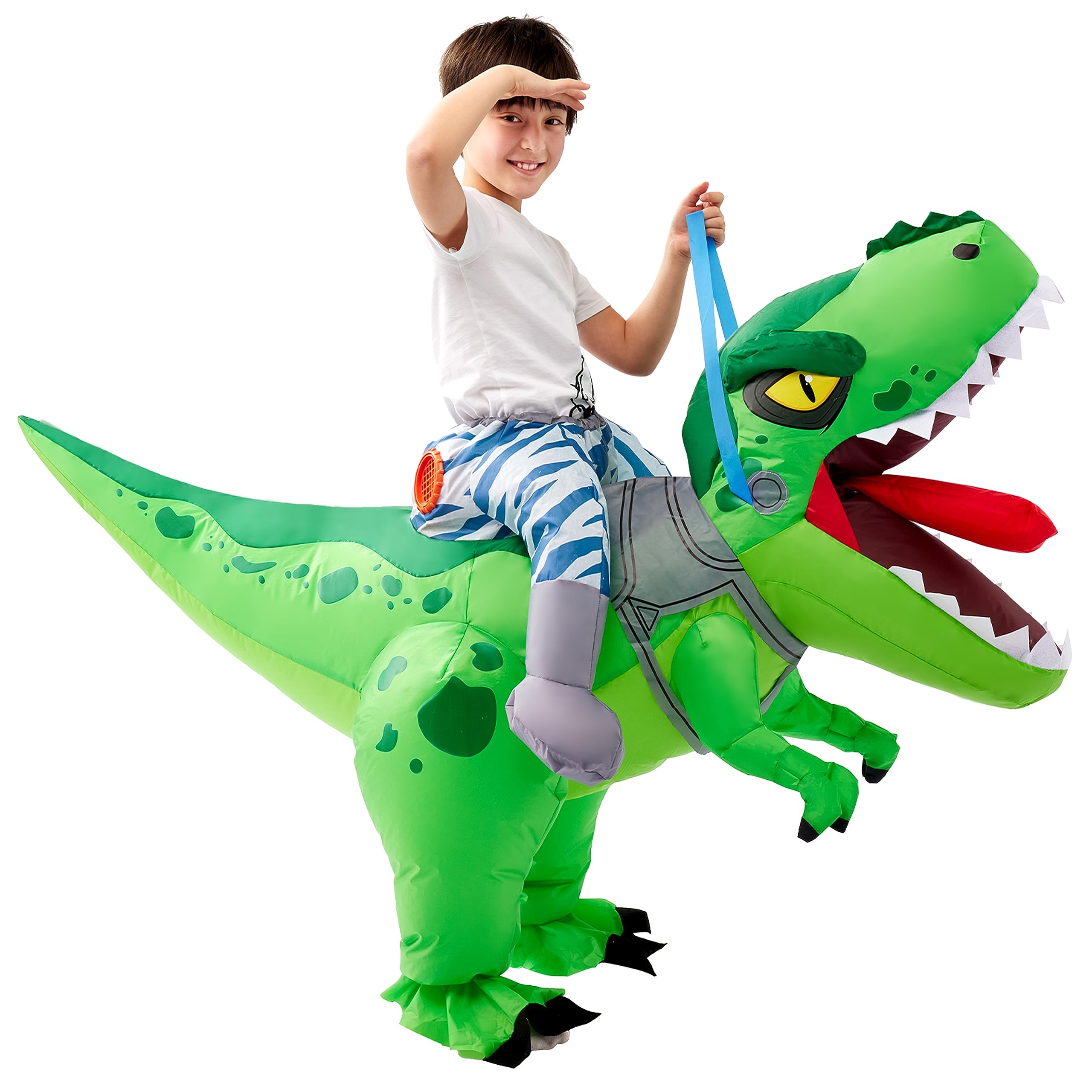 Photo 1 of Spooktacular Creations Inflatable Costumes for Kids, Tyrannosaurus Air Blow Up Costumes, Green Riding a Dinosaur Costume for Halloween Costume Parties
